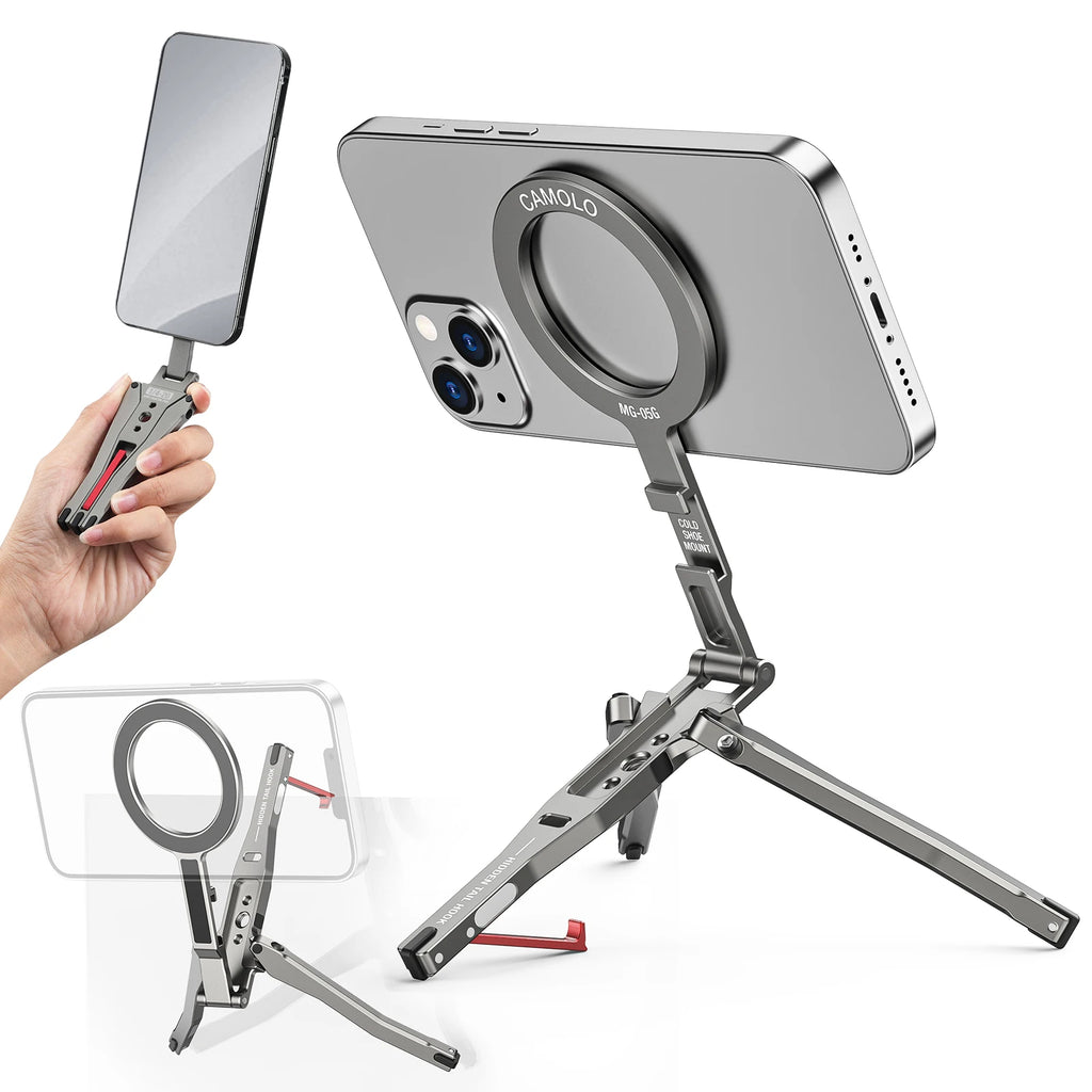 Camolo Foldable Magnetic Phone Tripod – MagSafe Pocket Tripod Stand with Hook & Ring (iPhone & Android)