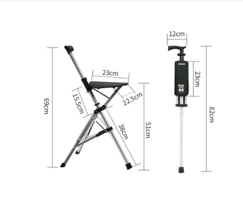 Aluminum Alloy Foldable Walking Cane with Seat – Adjustable Elderly Crutch Chair with Stool