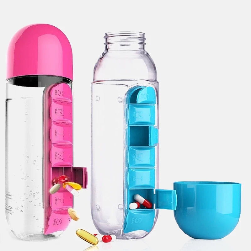 2-in-1 Water Bottle with Pill Organizer – 600ml Sports Bottle with 7-Day Medicine Box