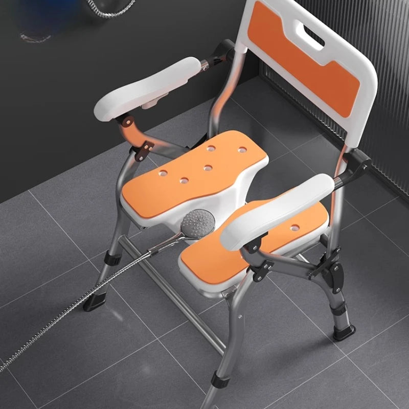 3D One-Hand Foldable Shower Stool – Adjustable 4-Height Bathroom Commode Chair with 41cm Widened Seat for Elderly & Disabled