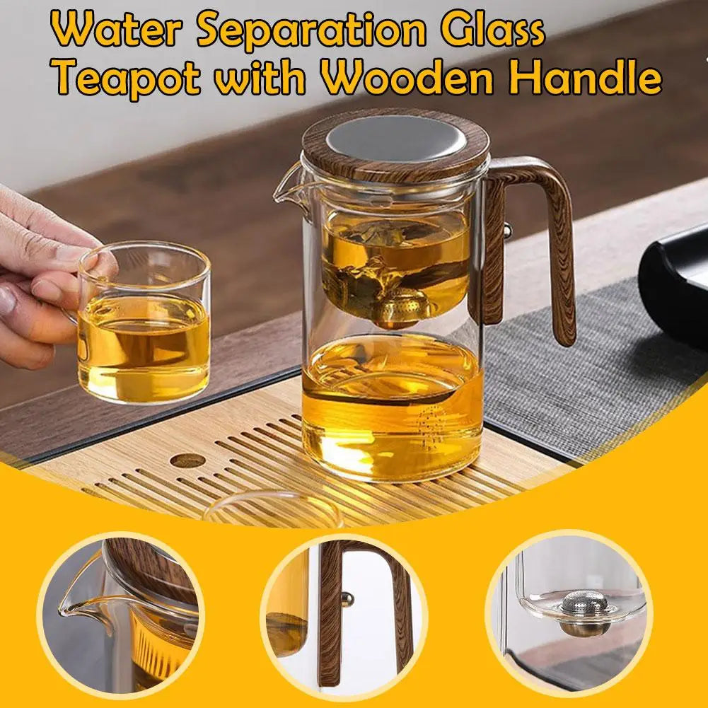 Magnetic Tea Separation Glass Teapot – One-Click Water Separation Teapot with Wooden Handle