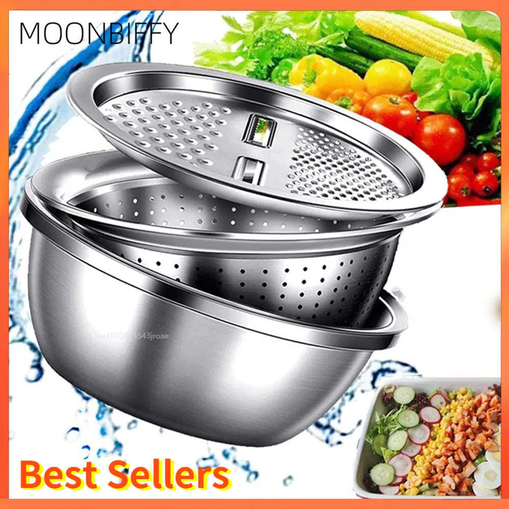 3-in-1 Stainless Steel Multipurpose Grater With Drain Basket – Vegetable Cutter & Salad Maker Bowl