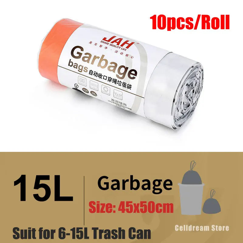10pcs/roll Drawstring Garbage Bags – Thickened Household Trash Bags with Dispenser for Kitchen & Cleaning