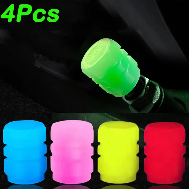 4PCS Luminous Tire Valve Stem Caps – Fluorescent Wheel Decoration for Car, Motorcycle & Bike