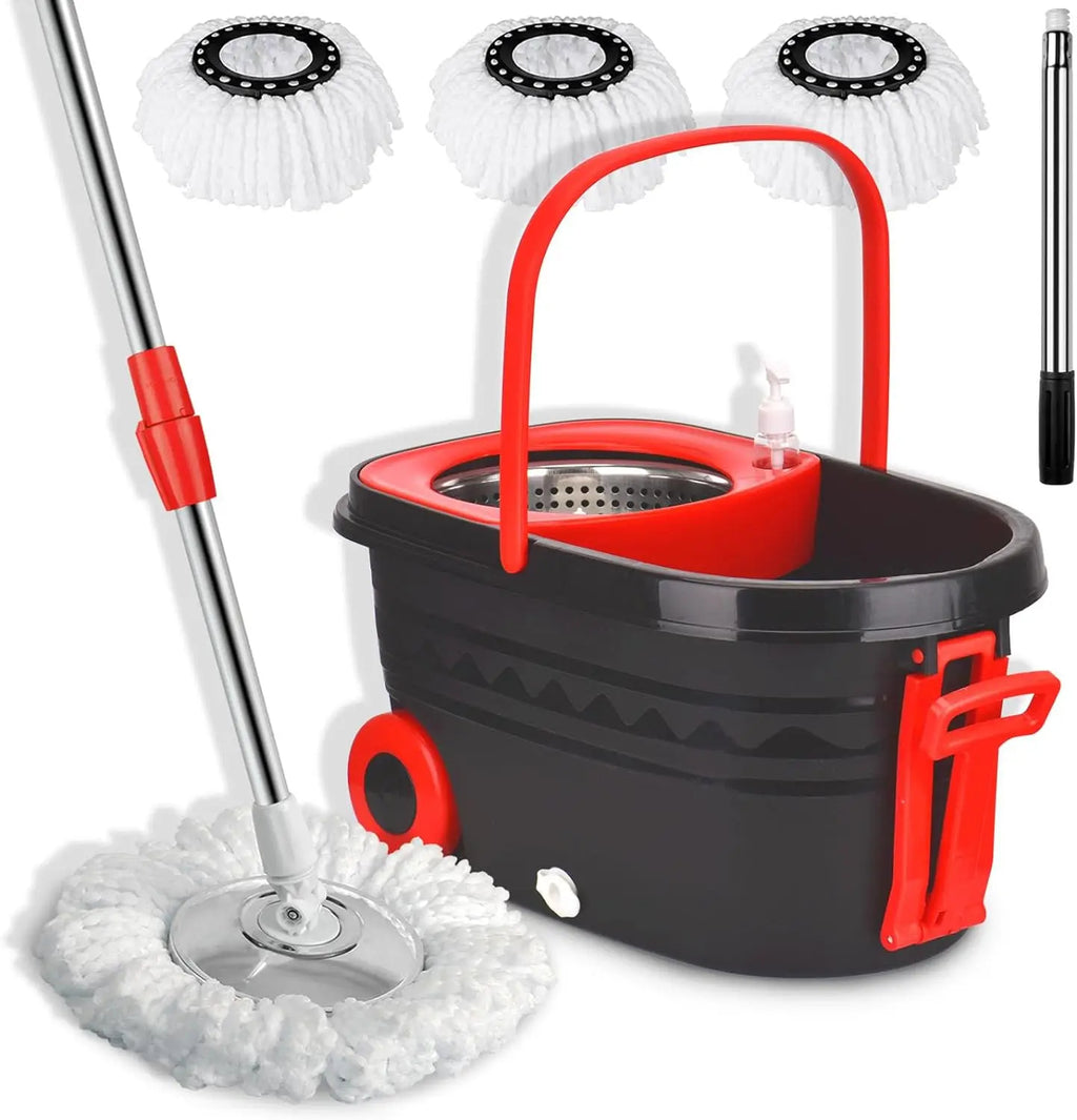 360° Spin Mop and Bucket Set with Wheels – Wet & Dry Separation System, 155cm Adjustable Handle, Easy Wringer Cleaning System