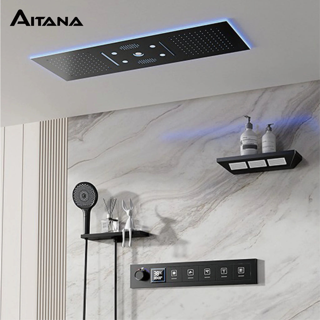 Luxury Black Brass LED Digital Shower System – Wall-Mounted 4-Function Ceiling Shower with Hot & Cold Dual Control
