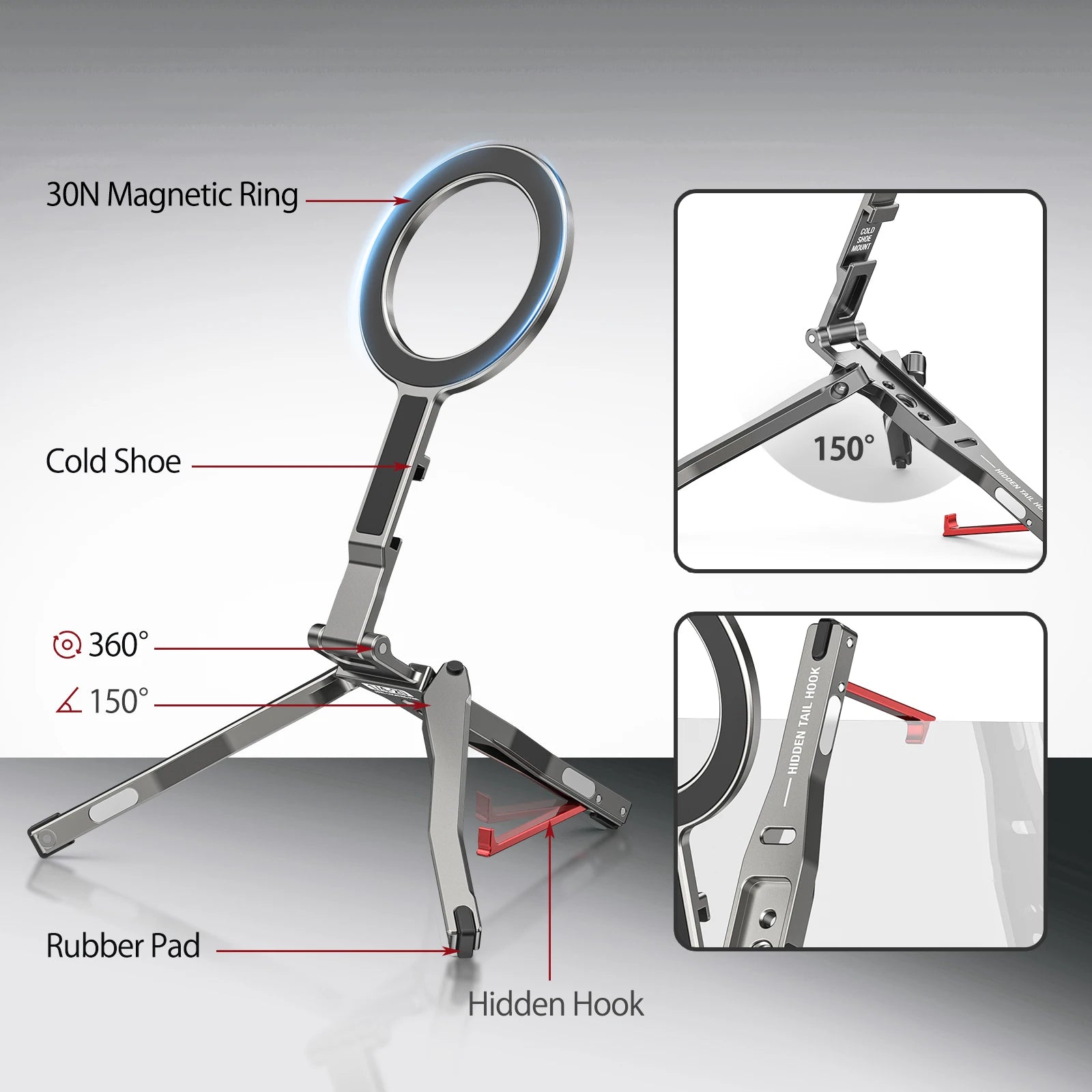 Camolo Foldable Magnetic Phone Tripod – MagSafe Pocket Tripod Stand with Hook & Ring (iPhone & Android)