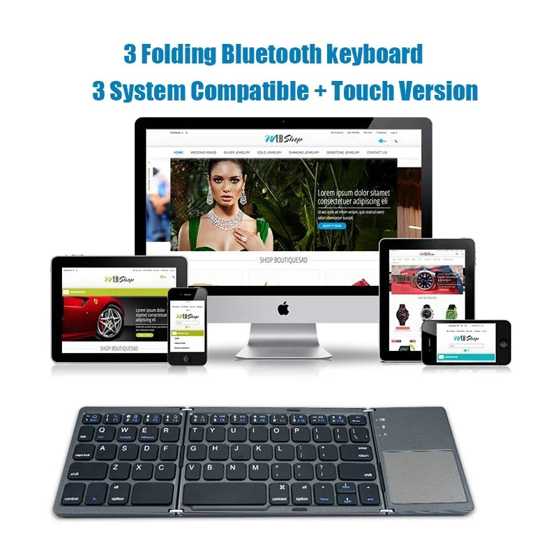 Mini Tri-Folding Bluetooth Keyboard – Wireless TouchSub with Multi-Function Button for Windows, Android & iOS