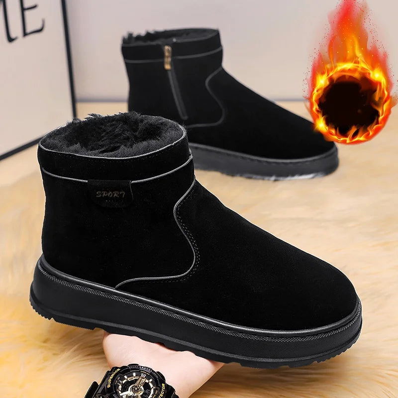 2025 Winter Men’s Warm Fur Snow Boots – Waterproof Suede Chelsea Ankle Boots with Plush Lining