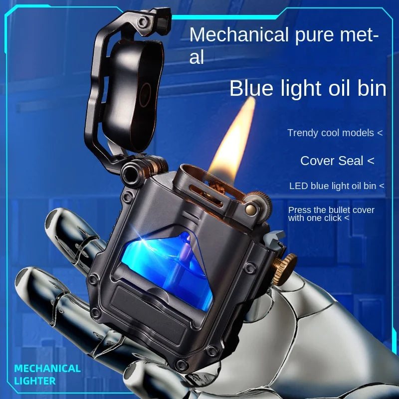 Metal Punk Windproof Kerosene Lighter – Transparent Fuel Tank Creative Flint Lighter
