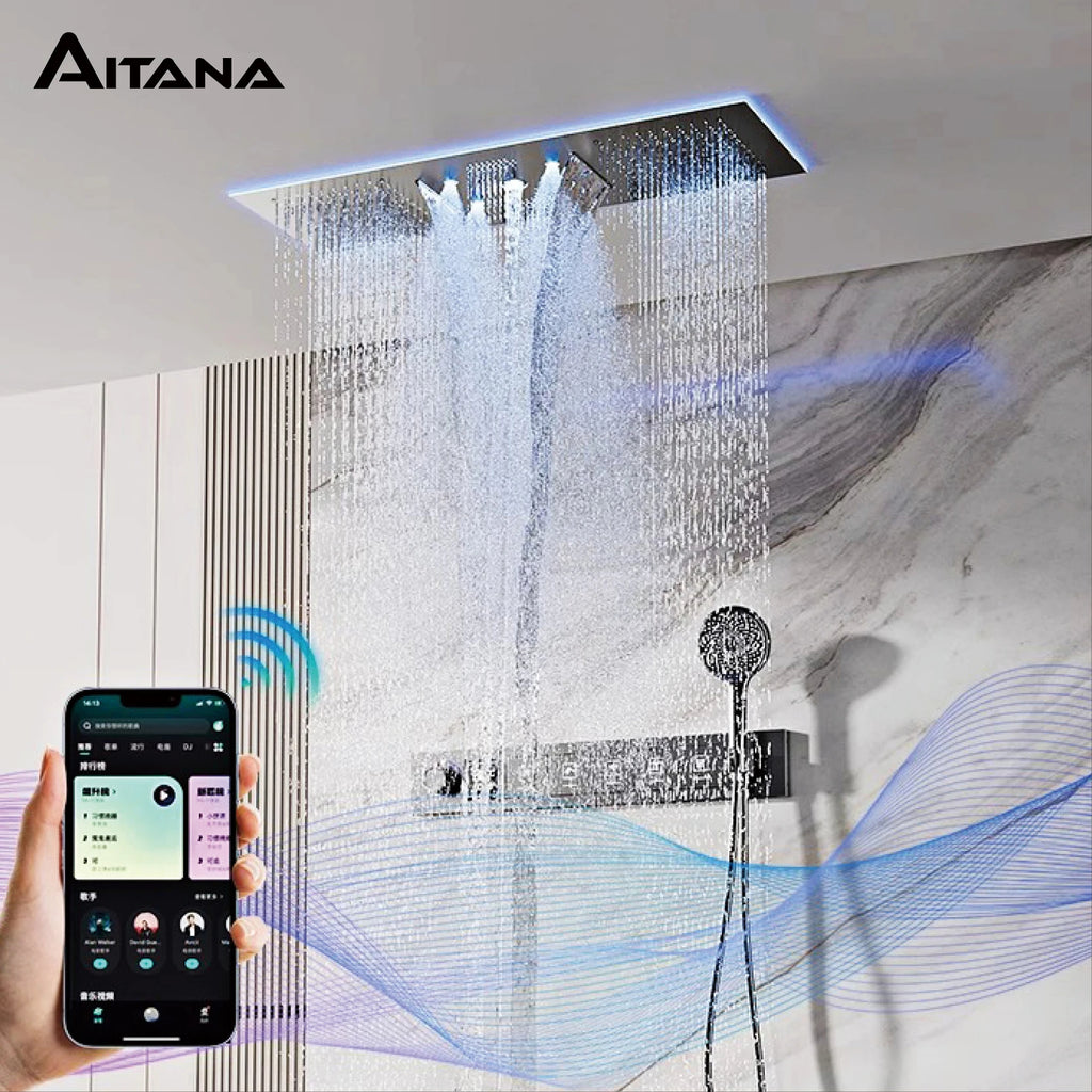 Luxury Black Brass LED Digital Shower System – Wall-Mounted 4-Function Ceiling Shower with Hot & Cold Dual Control