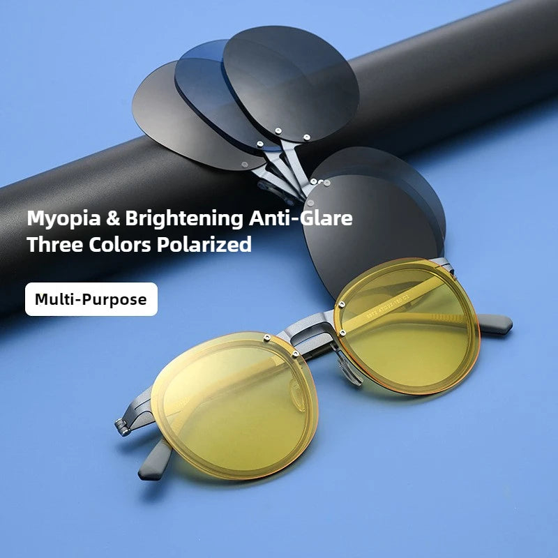 5-Lens Magnetic Polarized Sunglasses – Pure Titanium Frame Outdoor Driving Eyewear for Men