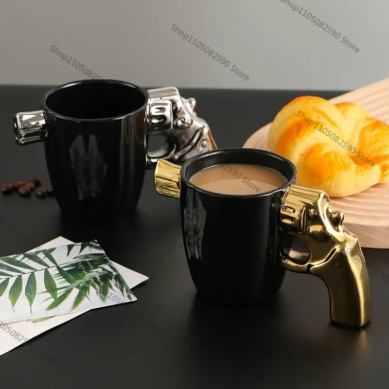 Revolver Handle Ceramic Coffee Mug  350ml Novelty Cup for Coffee, Tea & Milk