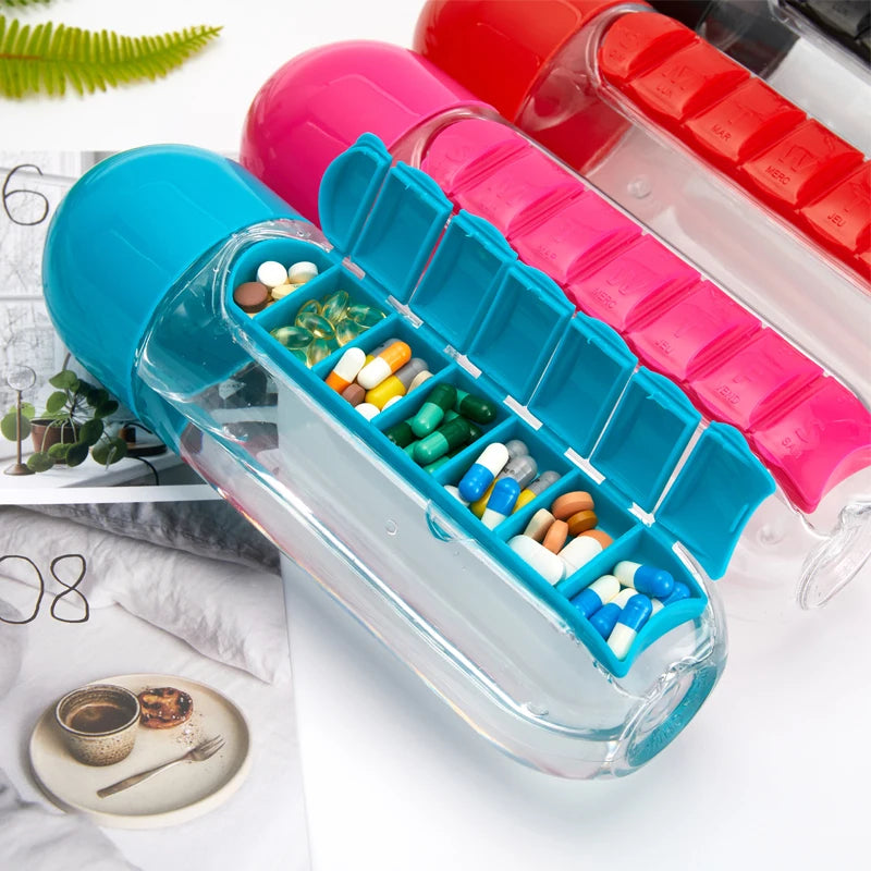 2-in-1 Water Bottle with Pill Organizer – 600ml Sports Bottle with 7-Day Medicine Box