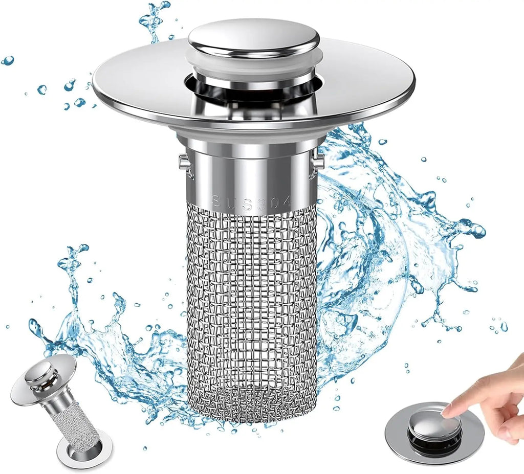 Bathroom Sink Pop-Up Drain Strainer – Stainless Steel Hair Catcher & Universal US Drain Stopper