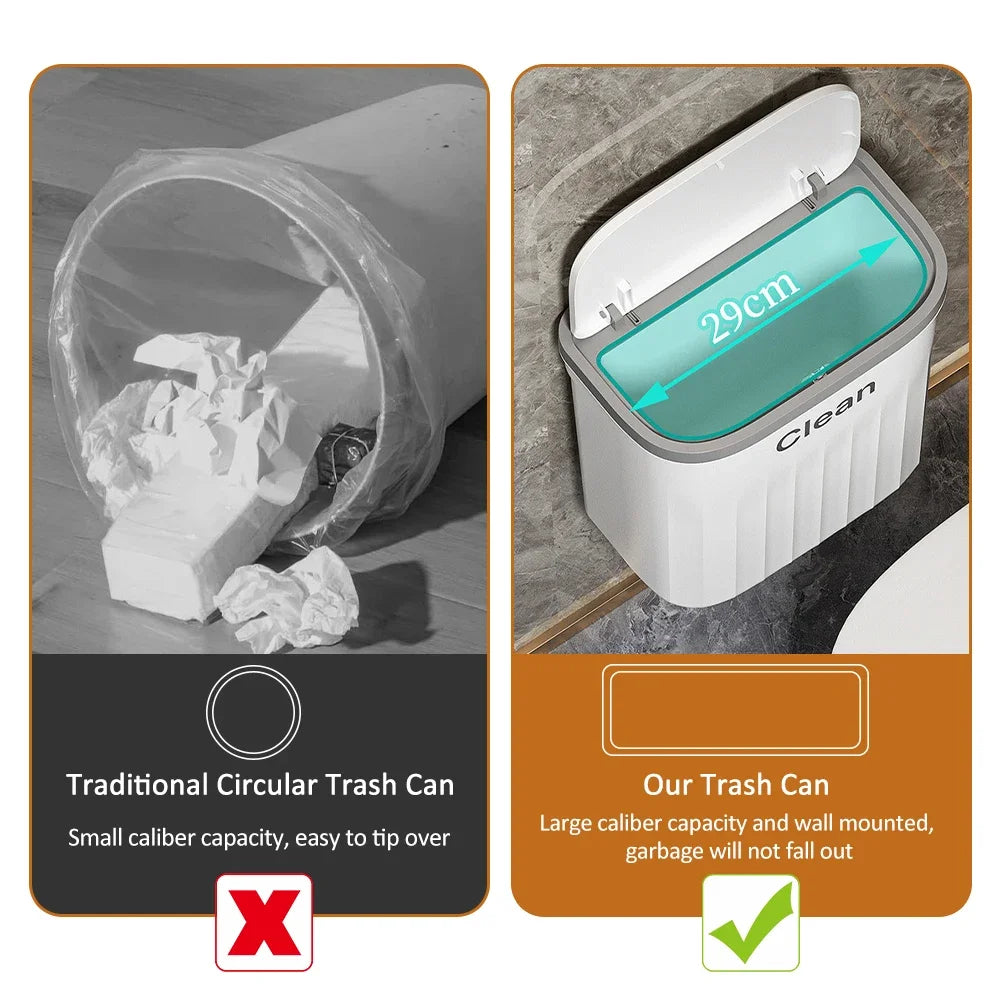 12L Wall-Mounted Press Trash Can – Bathroom & Kitchen Garbage Bin with Lid for Recycling and Waste