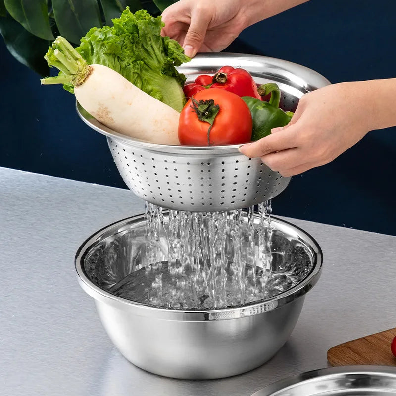 3-in-1 Stainless Steel Multipurpose Grater With Drain Basket – Vegetable Cutter & Salad Maker Bowl