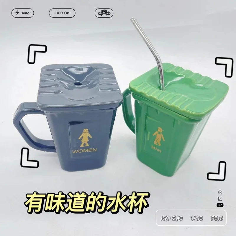Funny Squatting Toilet Ceramic Mug – Creative Large Capacity Water Cup with Lid