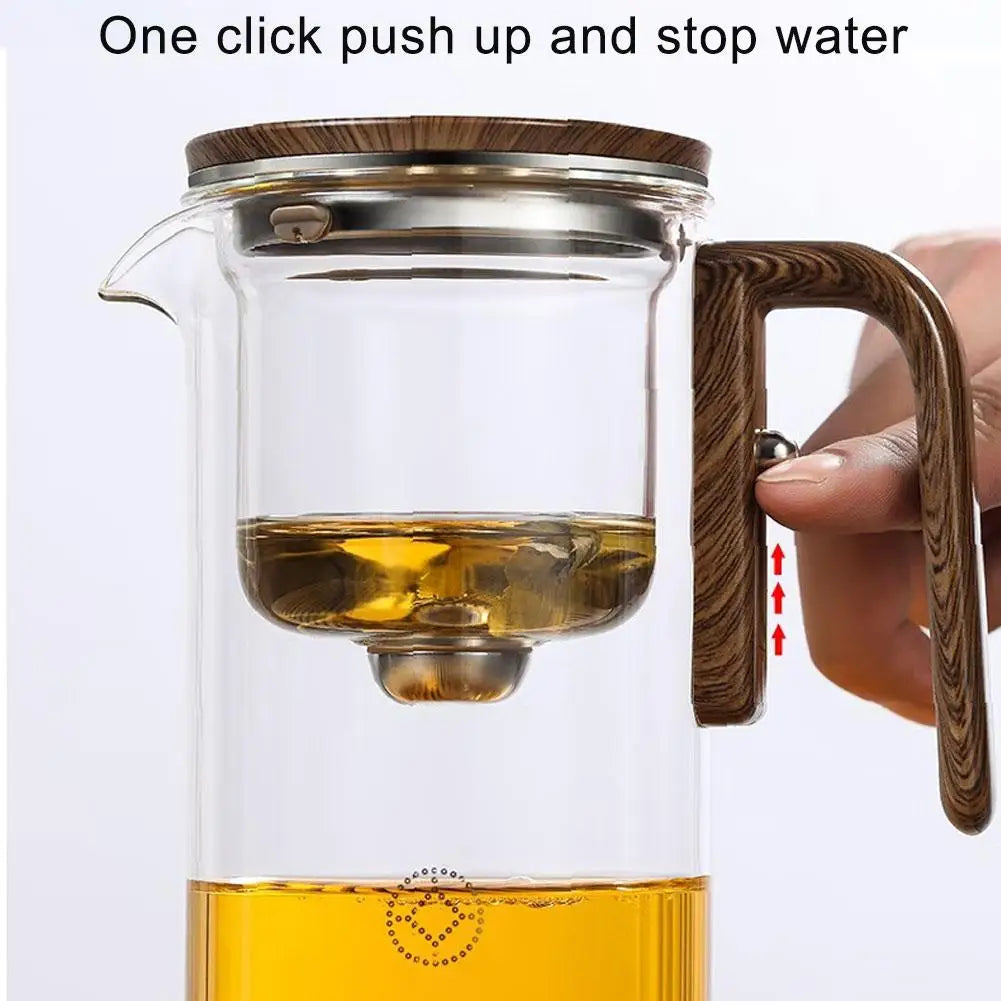Magnetic Tea Separation Glass Teapot – One-Click Water Separation Teapot with Wooden Handle