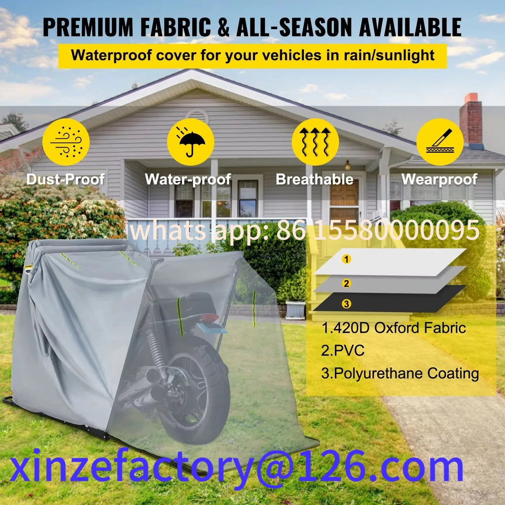 Heavy-Duty Waterproof Motorcycle Shelter | 420D Oxford Customizable Motorbike Garage & Sunshade Storage Cover