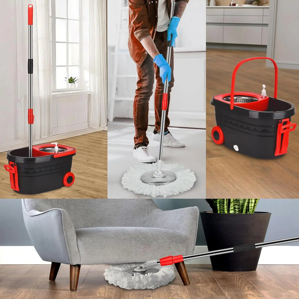 360° Spin Mop and Bucket Set with Wheels – Wet & Dry Separation System, 155cm Adjustable Handle, Easy Wringer Cleaning System