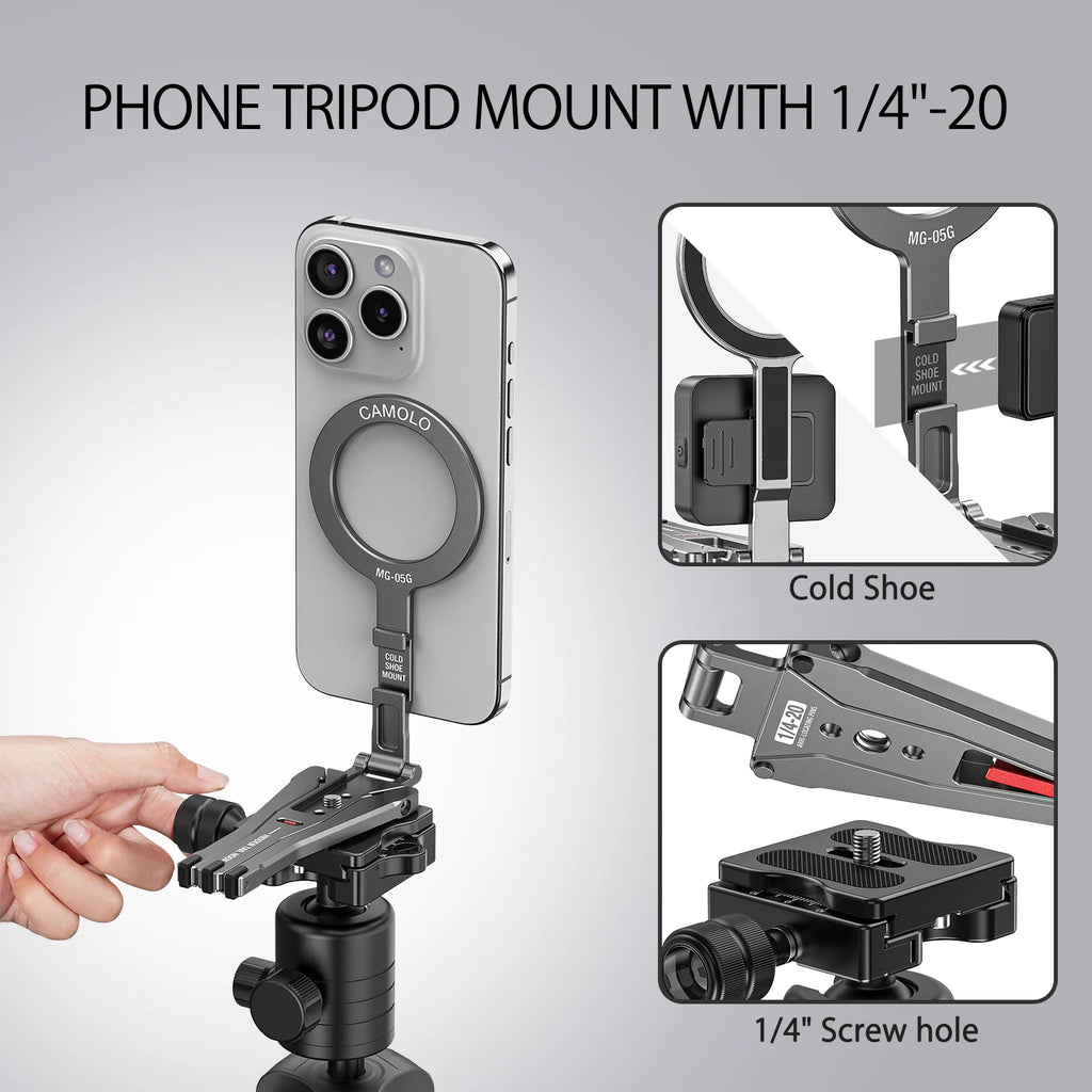 Camolo Foldable Magnetic Phone Tripod – MagSafe Pocket Tripod Stand with Hook & Ring (iPhone & Android)