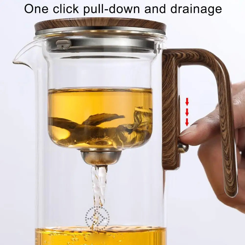 Magnetic Tea Separation Glass Teapot – One-Click Water Separation Teapot with Wooden Handle