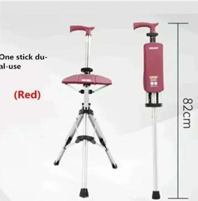 Aluminum Alloy Foldable Walking Cane with Seat – Adjustable Elderly Crutch Chair with Stool