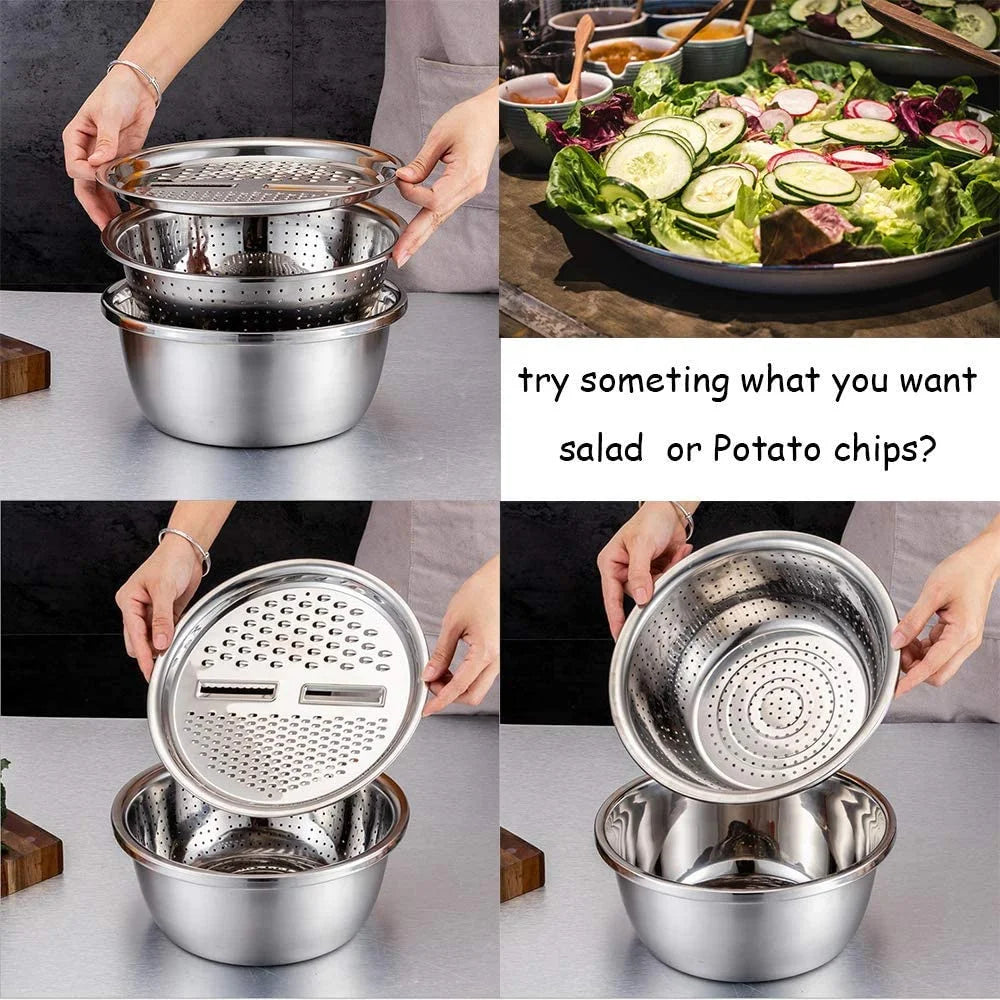 3-in-1 Stainless Steel Multipurpose Grater With Drain Basket – Vegetable Cutter & Salad Maker Bowl