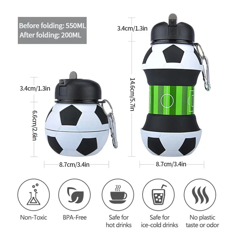 Kids Foldable Sports Water Bottle – Leakproof Basketball & Football Design with Backpack Hook