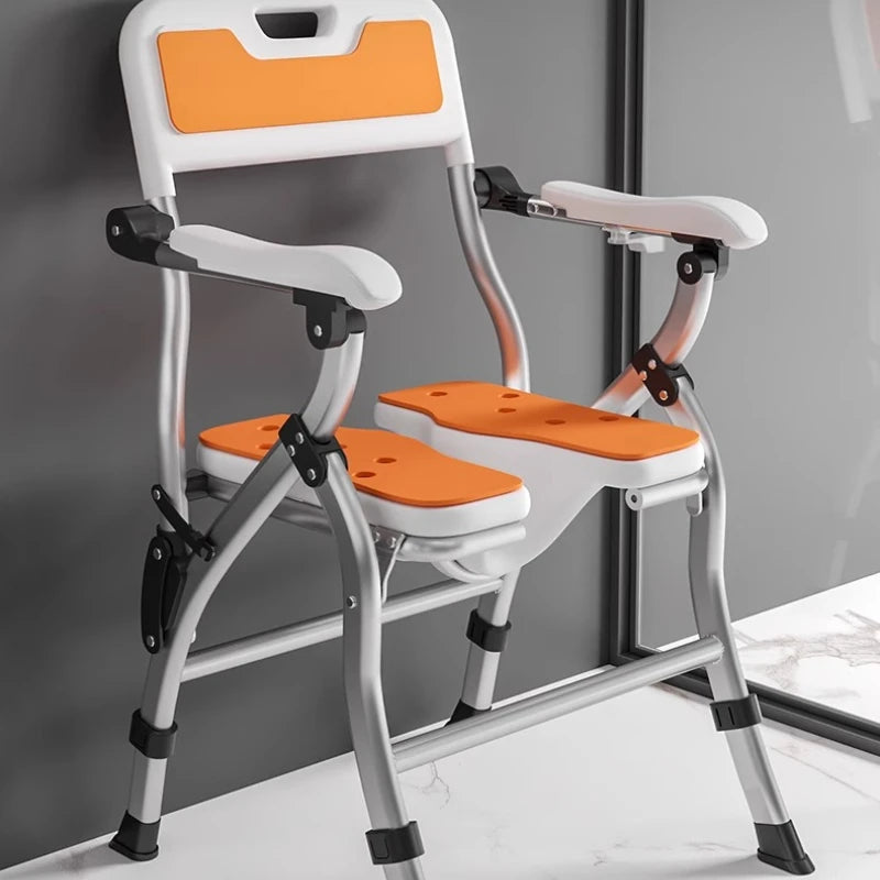 3D One-Hand Foldable Shower Stool – Adjustable 4-Height Bathroom Commode Chair with 41cm Widened Seat for Elderly & Disabled