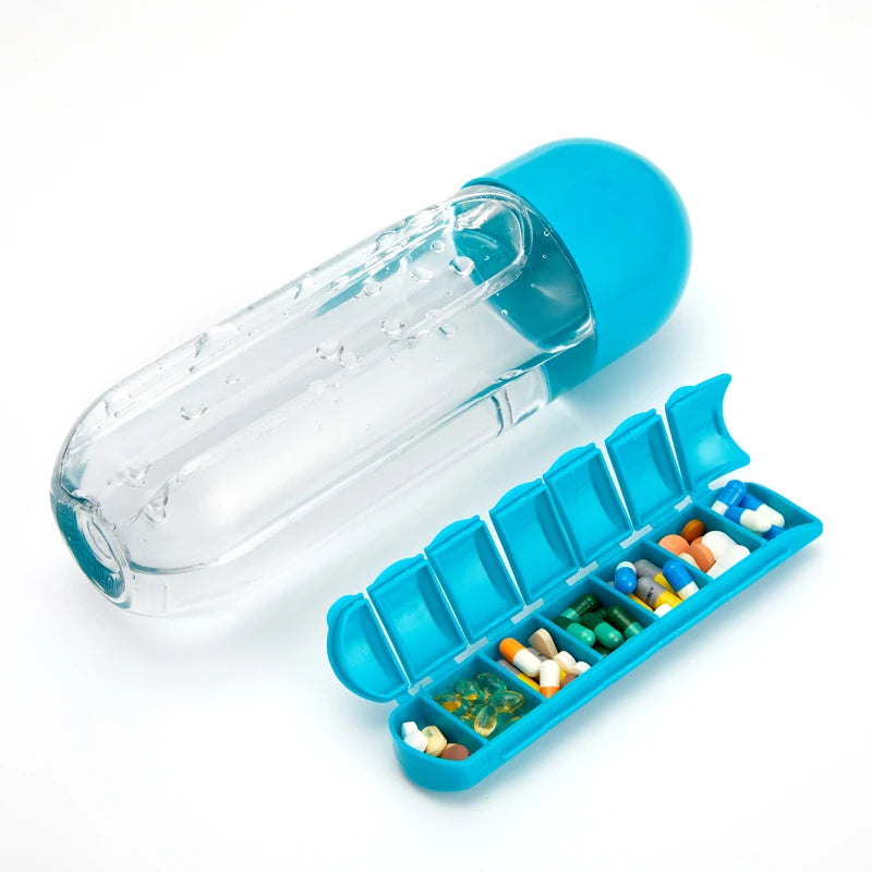 2-in-1 Water Bottle with Pill Organizer – 600ml Sports Bottle with 7-Day Medicine Box