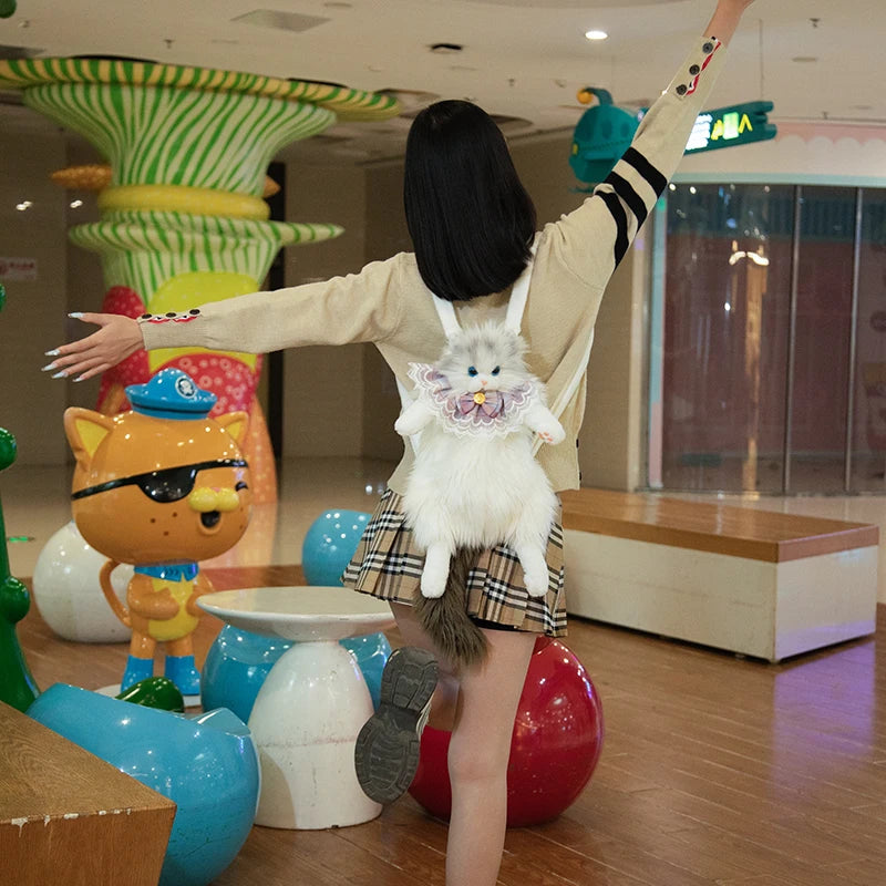 Cute Simulated Cat Plush Backpack – Kawaii Soft Designer Bag for Women & Girls, Trendy School or Travel Purse