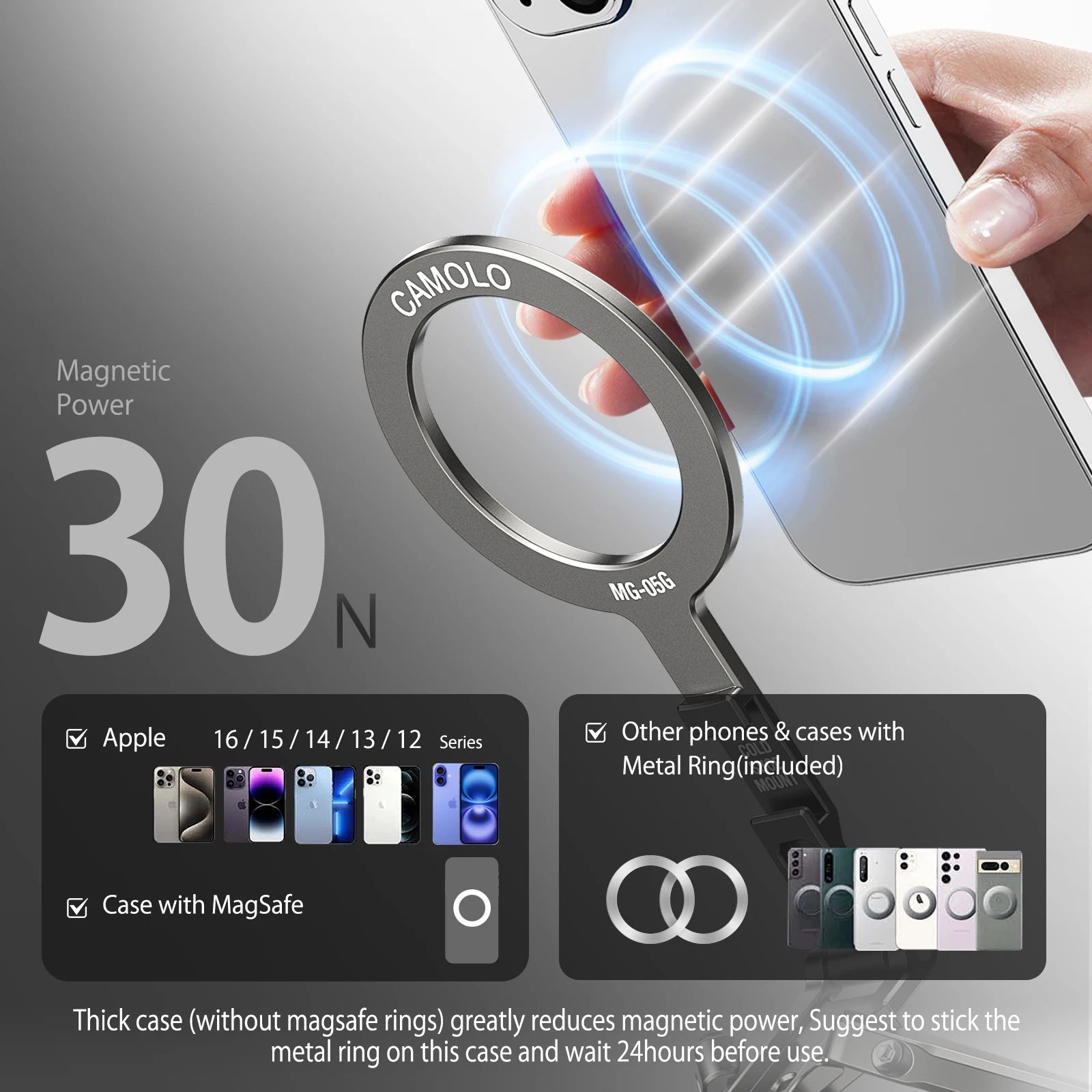 Camolo Foldable Magnetic Phone Tripod – MagSafe Pocket Tripod Stand with Hook & Ring (iPhone & Android)