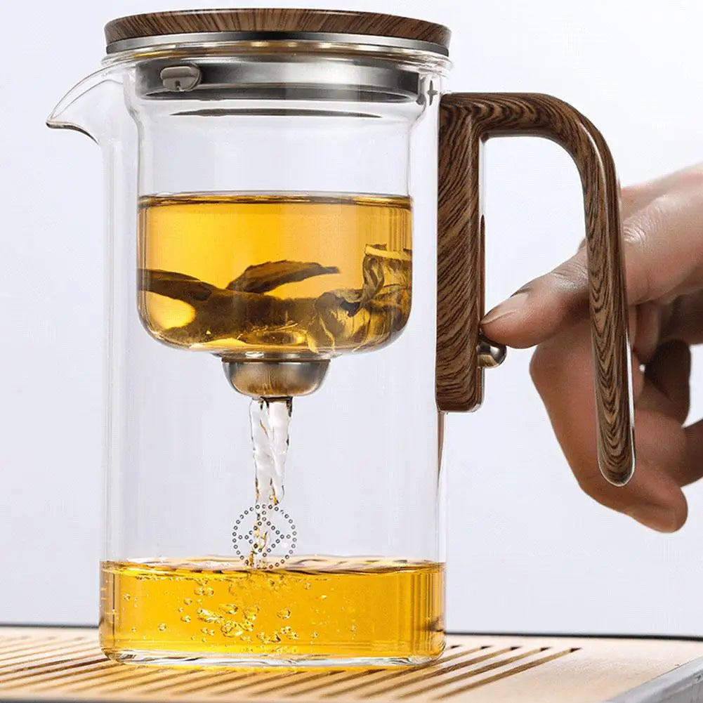 Magnetic Tea Separation Glass Teapot – One-Click Water Separation Teapot with Wooden Handle
