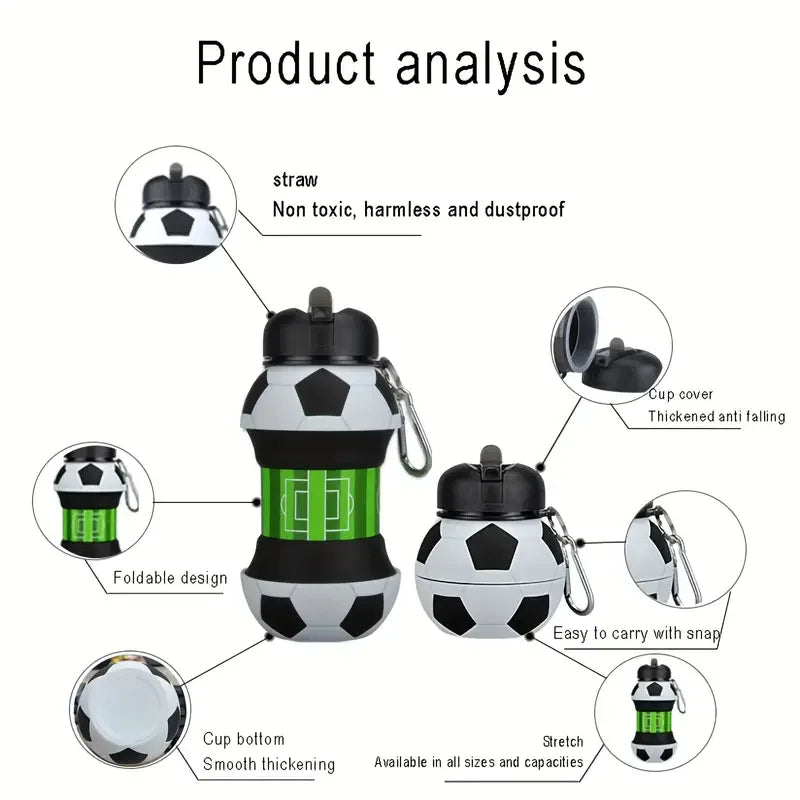 Kids Foldable Sports Water Bottle – Leakproof Basketball & Football Design with Backpack Hook