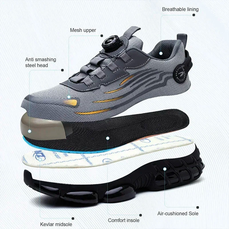 Men’s Safety Work Shoes with Rotating Button – Anti-Smash, Anti-Puncture Protective Boots in Sporty Fashion Style