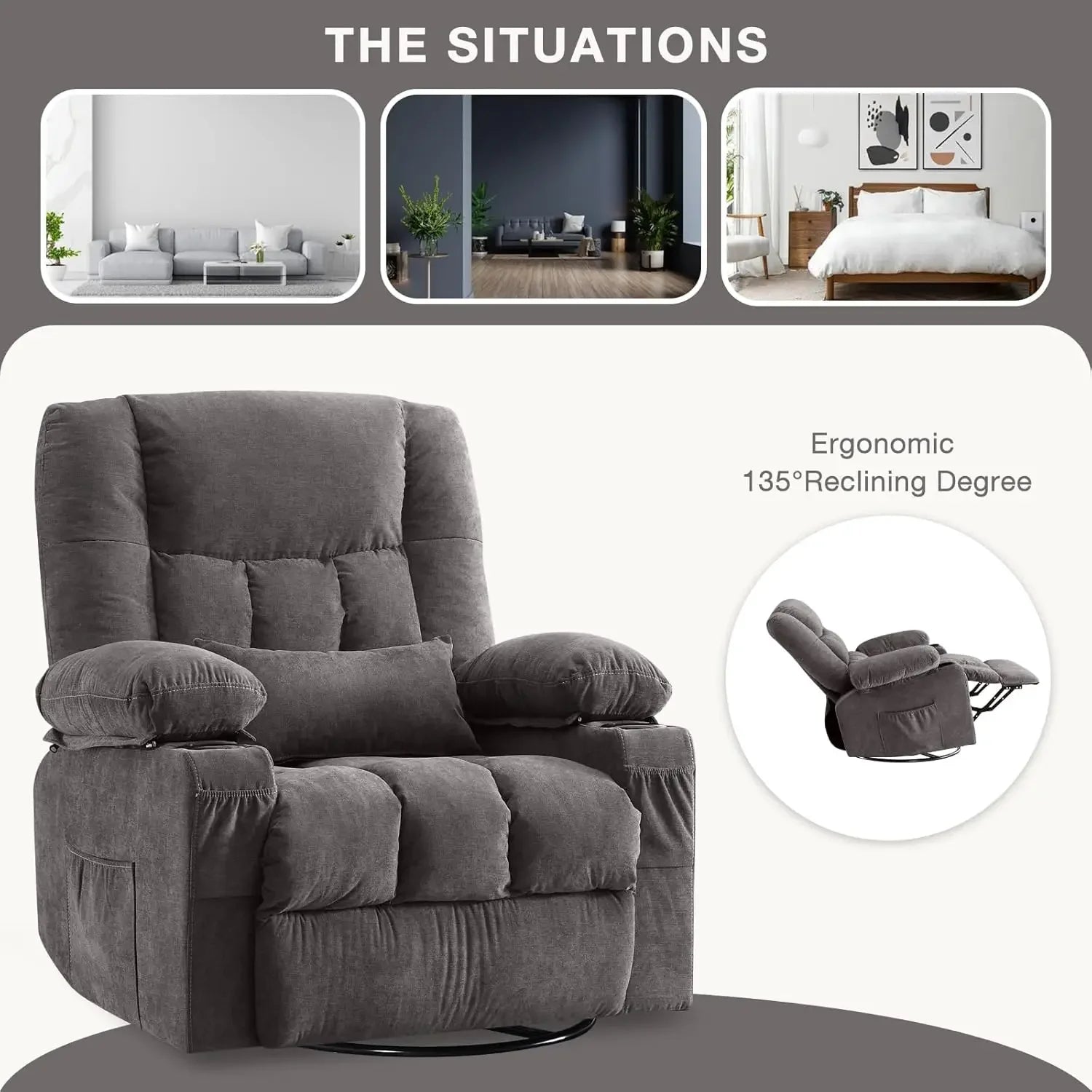 Massage Swivel Rocker Recliner Chair – Ergonomic Lounge with Heat & Vibration for Living Room