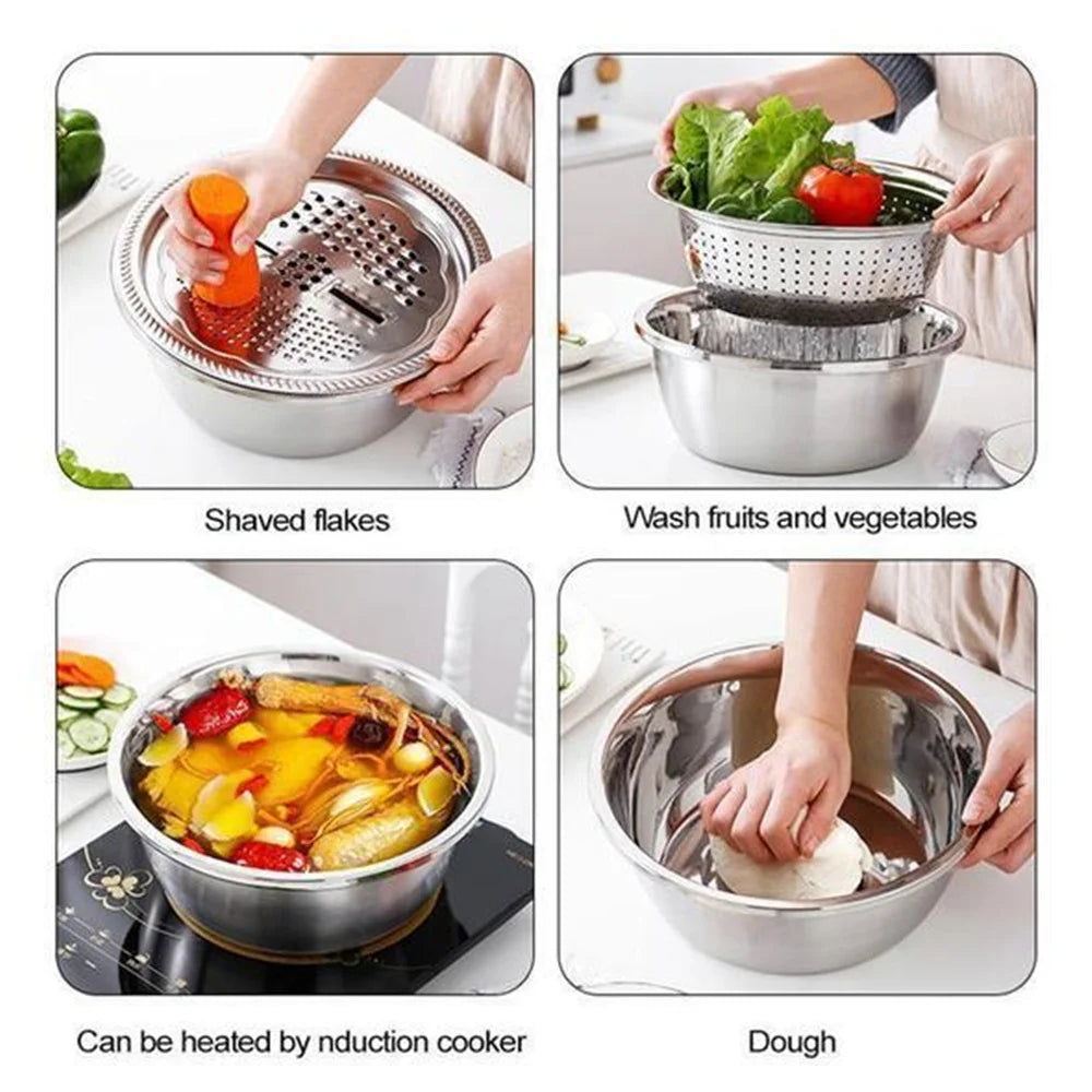 3-in-1 Stainless Steel Multipurpose Grater With Drain Basket – Vegetable Cutter & Salad Maker Bowl