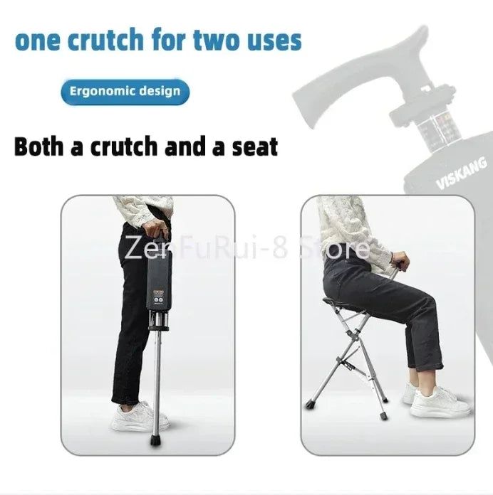 Aluminum Alloy Foldable Walking Cane with Seat – Adjustable Elderly Crutch Chair with Stool