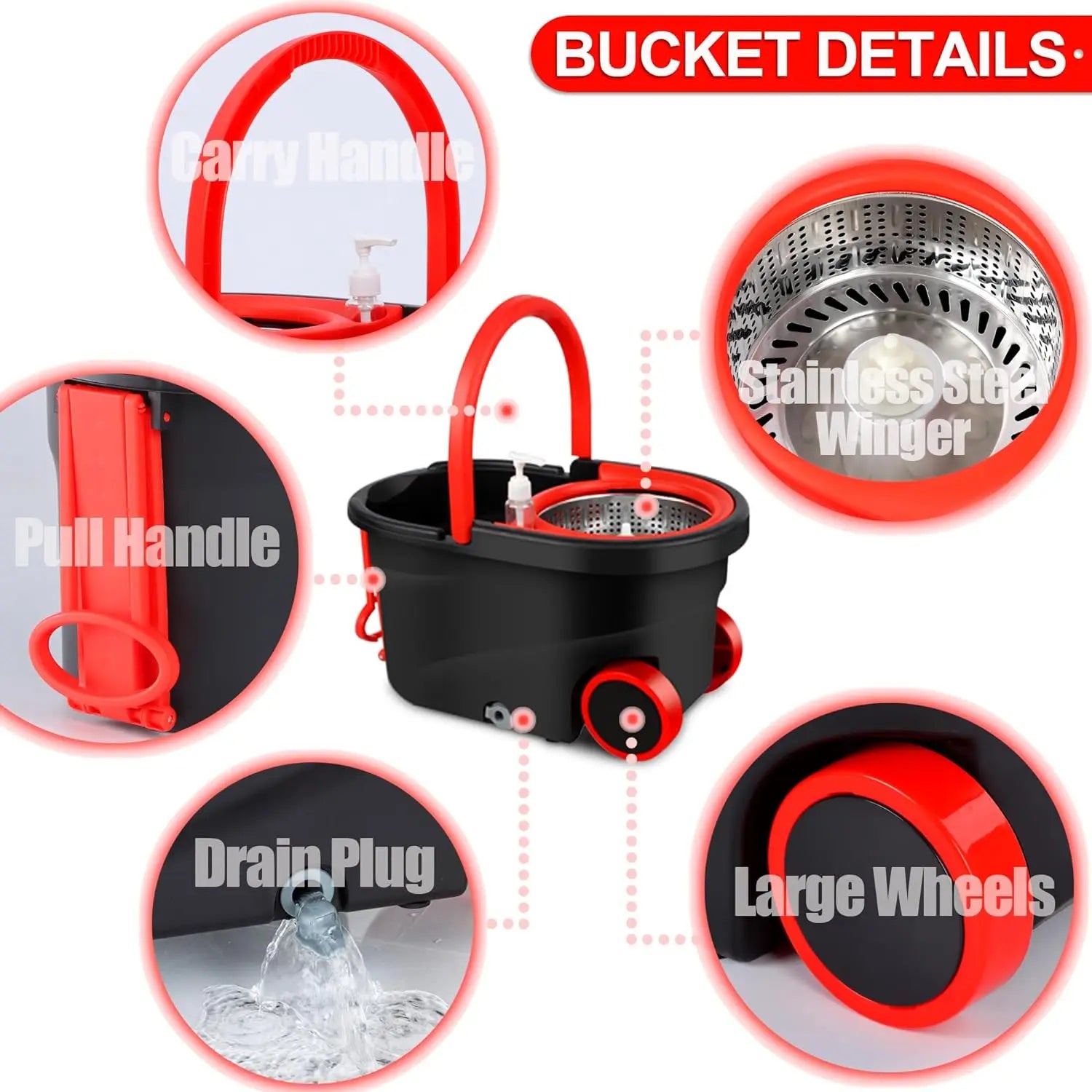 360° Spin Mop and Bucket Set with Wheels – Wet & Dry Separation System, 155cm Adjustable Handle, Easy Wringer Cleaning System
