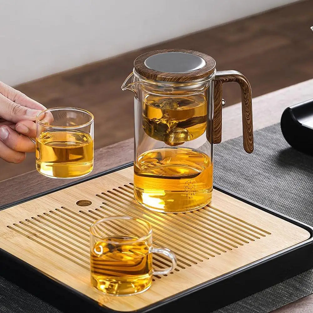 Magnetic Tea Separation Glass Teapot – One-Click Water Separation Teapot with Wooden Handle