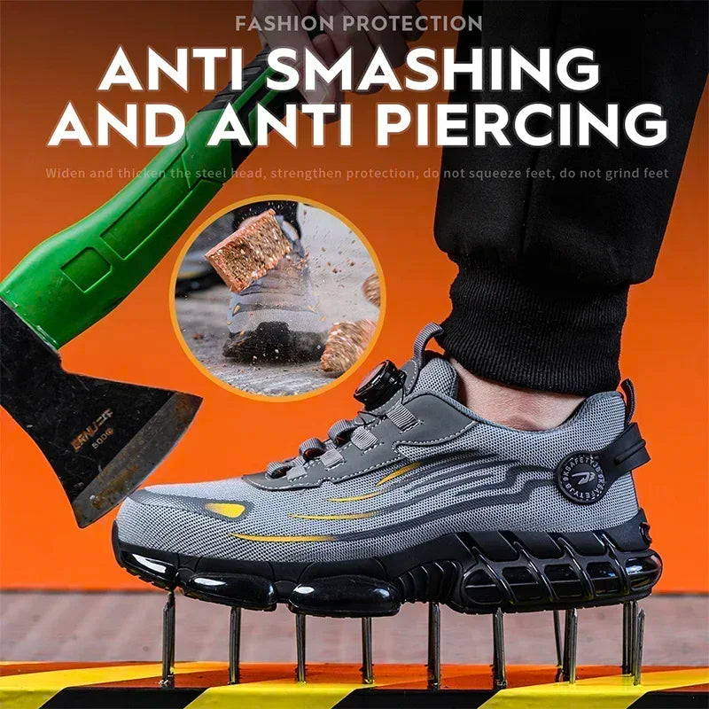 Men’s Safety Work Shoes with Rotating Button – Anti-Smash, Anti-Puncture Protective Boots in Sporty Fashion Style