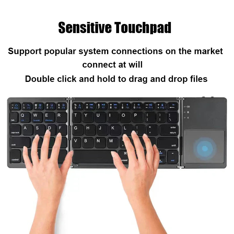 Mini Tri-Folding Bluetooth Keyboard – Wireless TouchSub with Multi-Function Button for Windows, Android & iOS