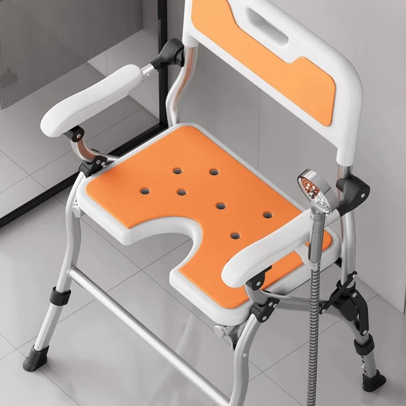 3D One-Hand Foldable Shower Stool – Adjustable 4-Height Bathroom Commode Chair with 41cm Widened Seat for Elderly & Disabled