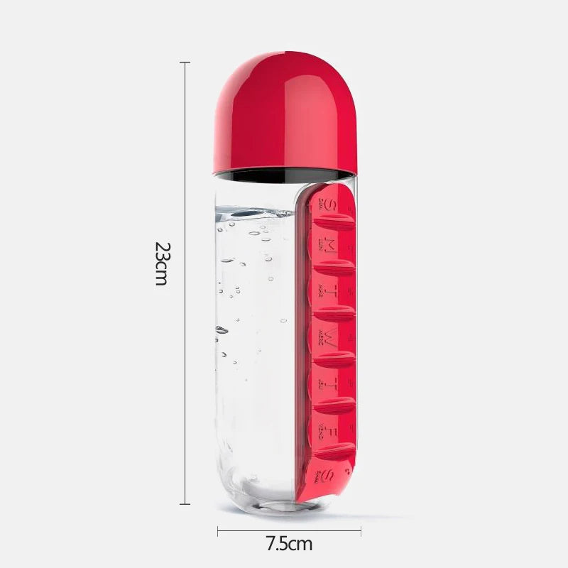 2-in-1 Water Bottle with Pill Organizer – 600ml Sports Bottle with 7-Day Medicine Box