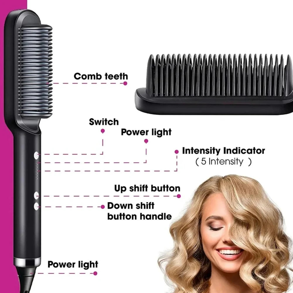2-in-1 Electric Hair Straightening Brush – Negative Ion Heated Styling Comb with 5 Temperature Settings & 10s Fast Heating
