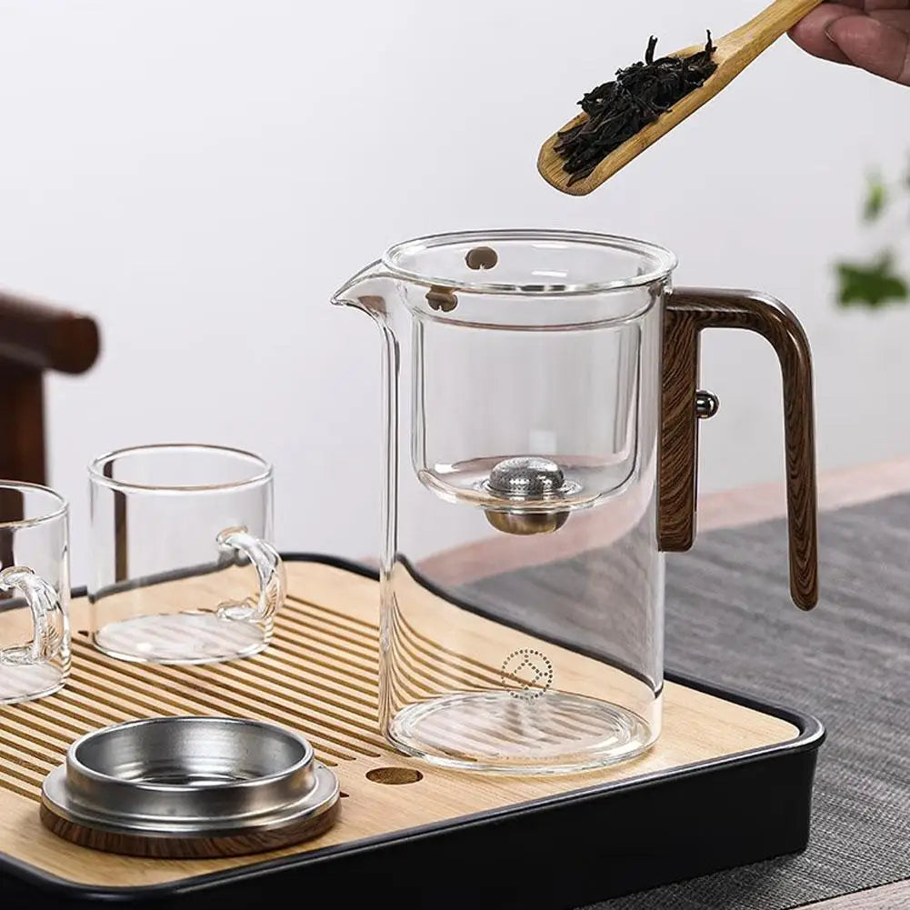 Magnetic Tea Separation Glass Teapot – One-Click Water Separation Teapot with Wooden Handle